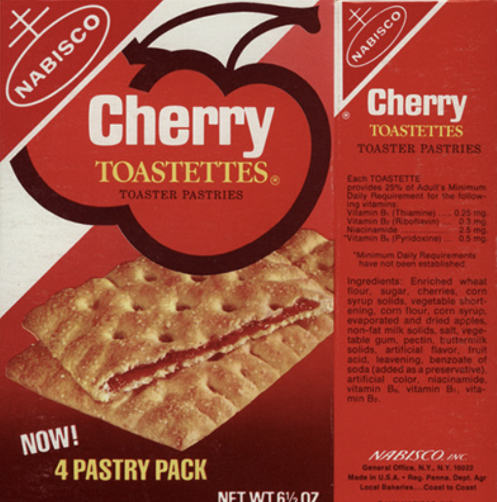 breakfast cereal - Nabisco Nabisco Cherry Toastettes Toaster Pastries Cherry Toastettes Toaster Pastries Each Toastette provides 23% of Adurs Minimum Daily requirement for the Vitamin B Thiamin Vitamin B boe Nacinamide 025 Vitamin B. Pyridoxin 95 m Minimu